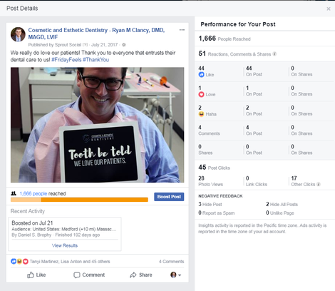 Engagement metrics for dental practice Facebook post